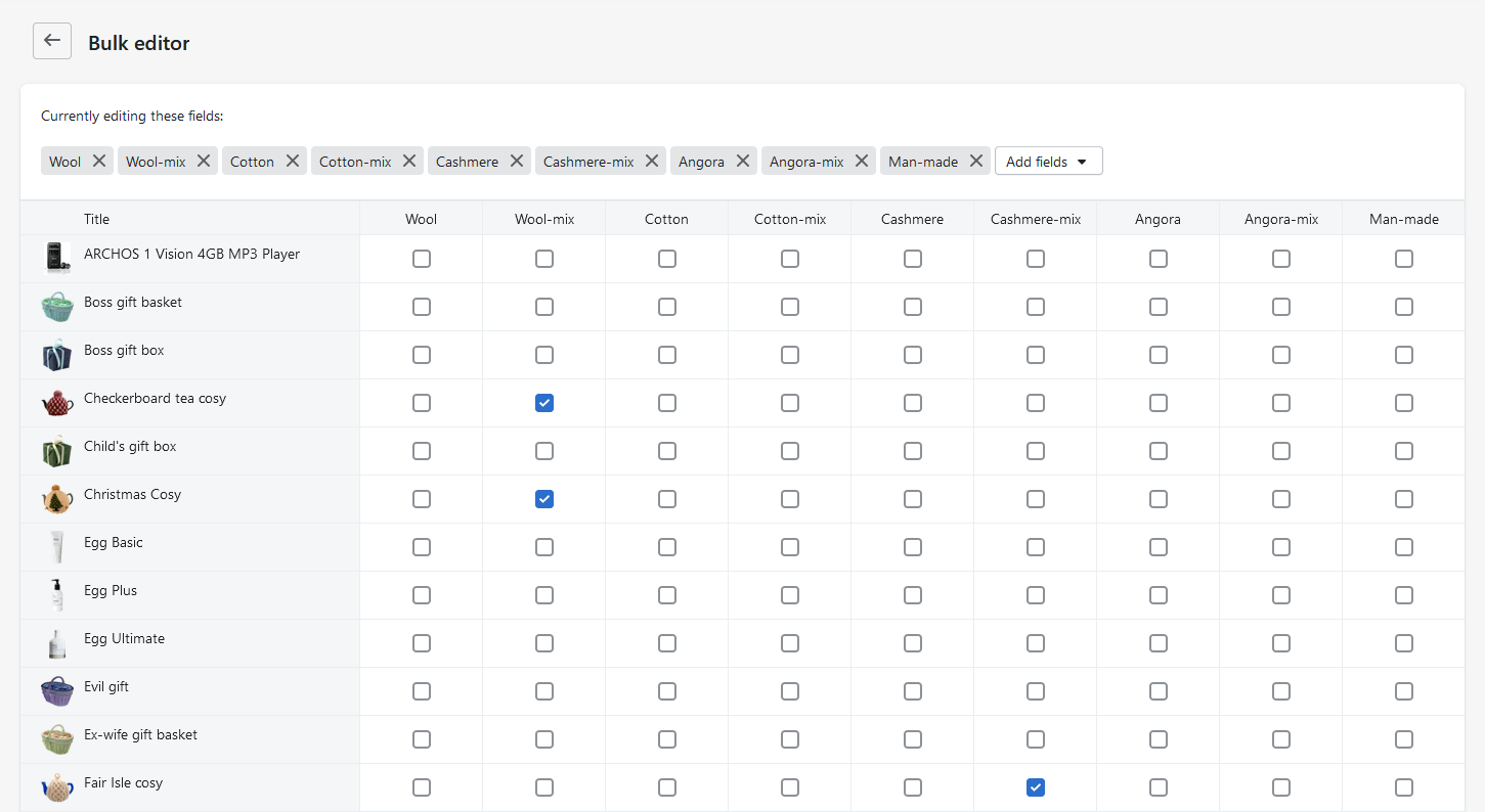 The bulk editor in Shopify showing a list of products on the left and the metafields created above along the top