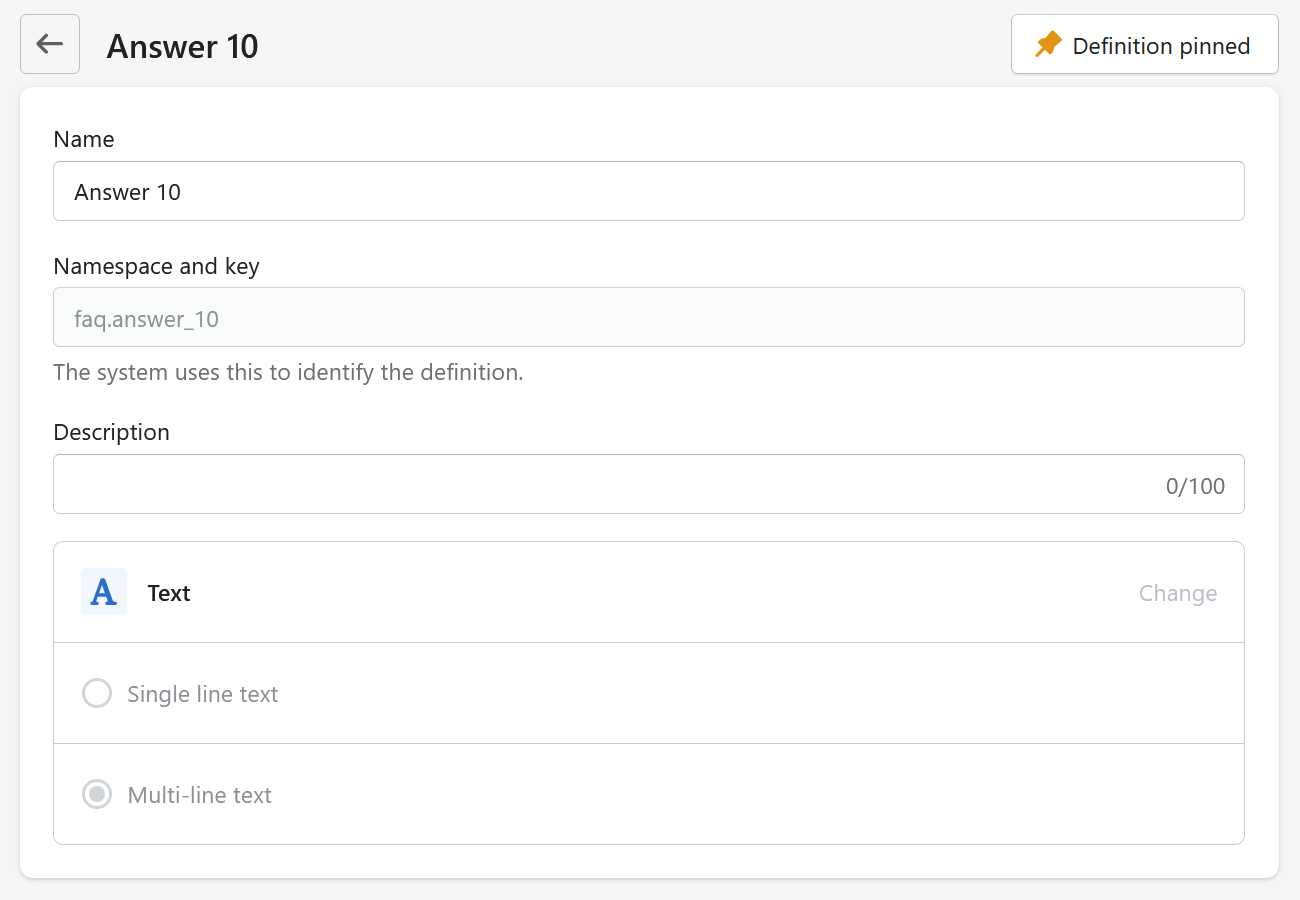 The metafield form for answer 10 of the FAQs.