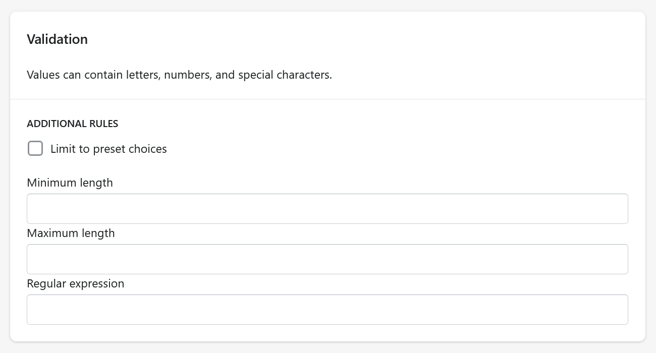 Valudation fields in Shopify metadata capture form.