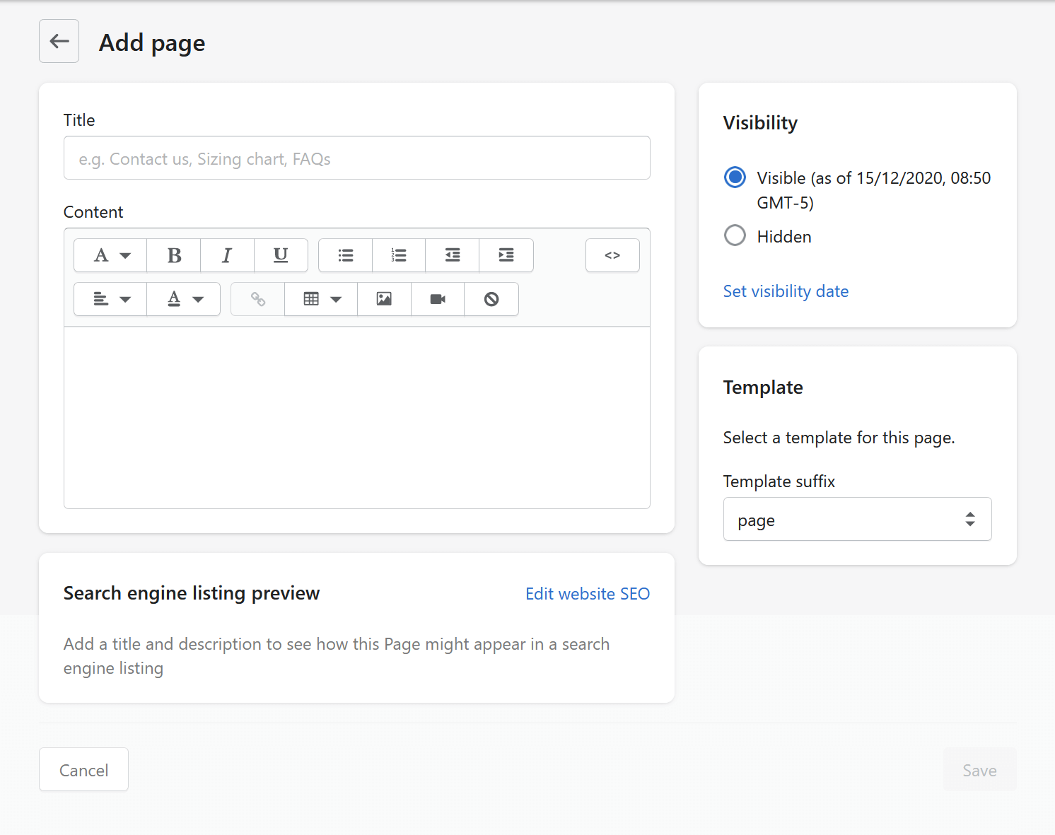 The form used to create a new page within Shotify