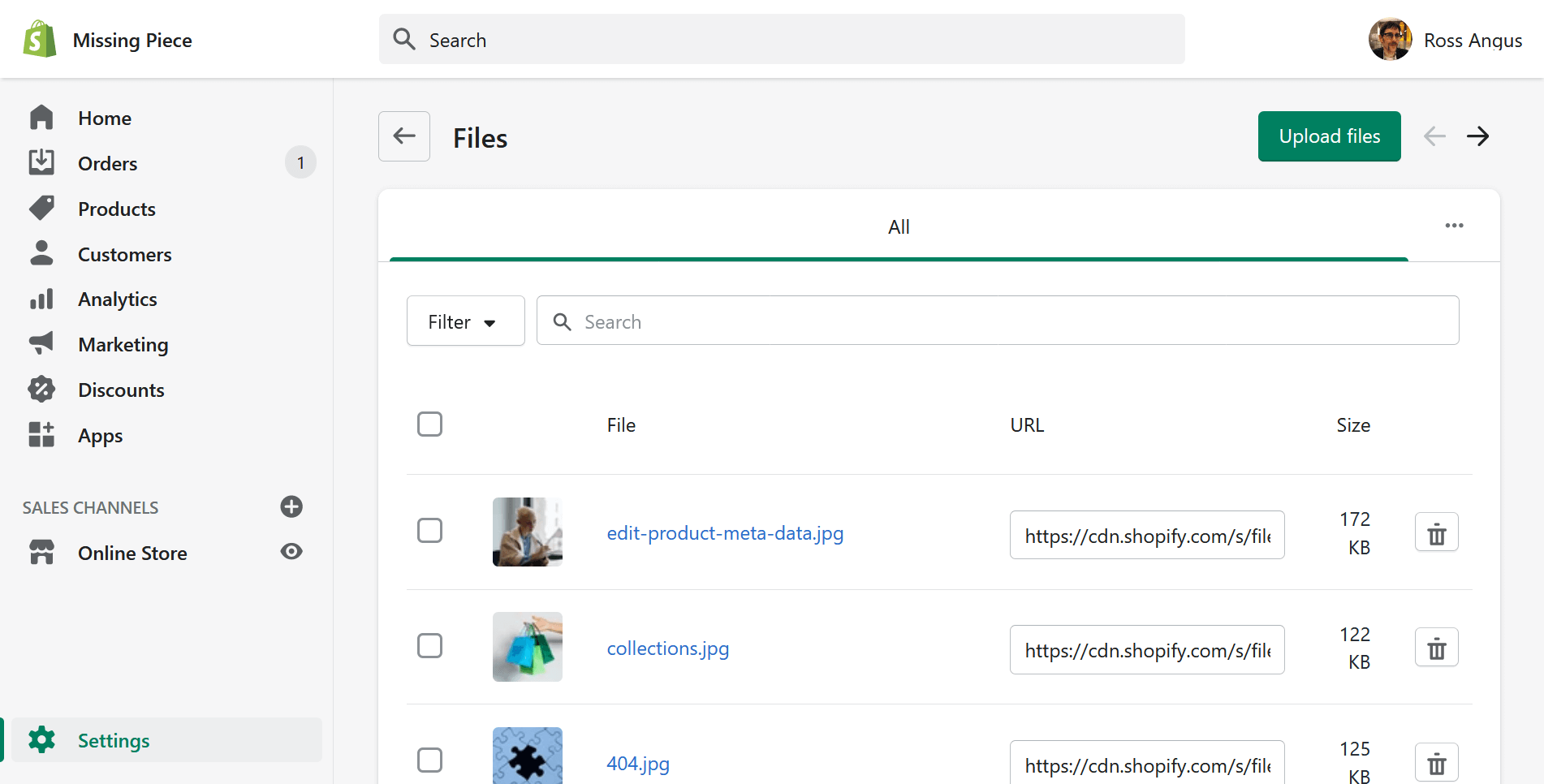 The menu within Shopify displaying all of the files the user has uploaded.