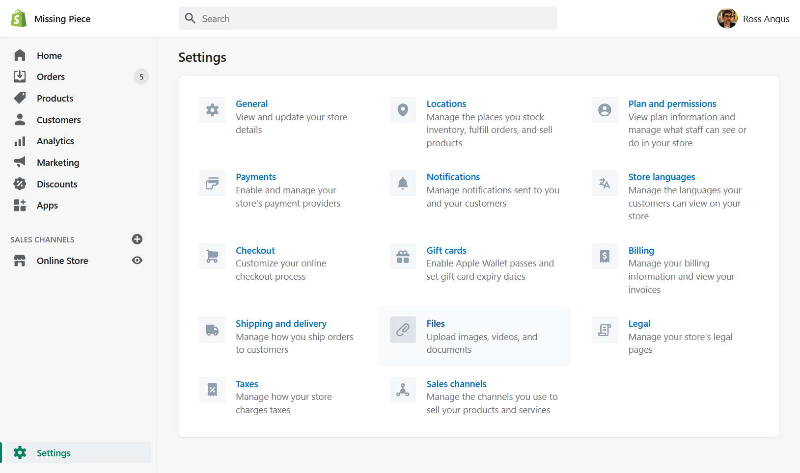 In order to reach the files listing, first click on `settings`, then `Files`.