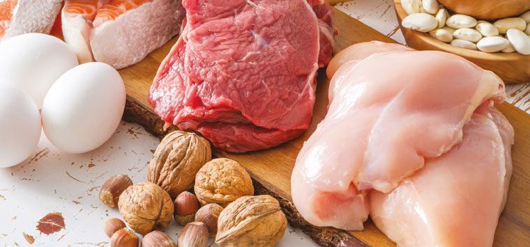 A selection of protein-rich foodstuffs such as red meat, poultry, nuts and eggs.